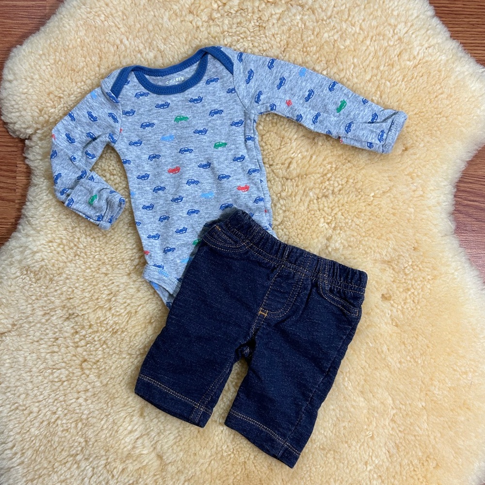 Carter’s Car Print Onesie and Denim Style Pants size Newborn
